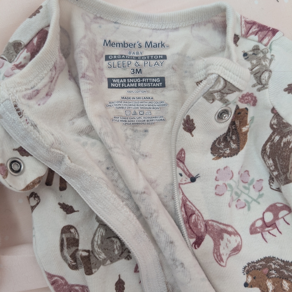 Member's Mark Baby Sleep & Play Romper in Cream with Brown & Pink Woodland Print